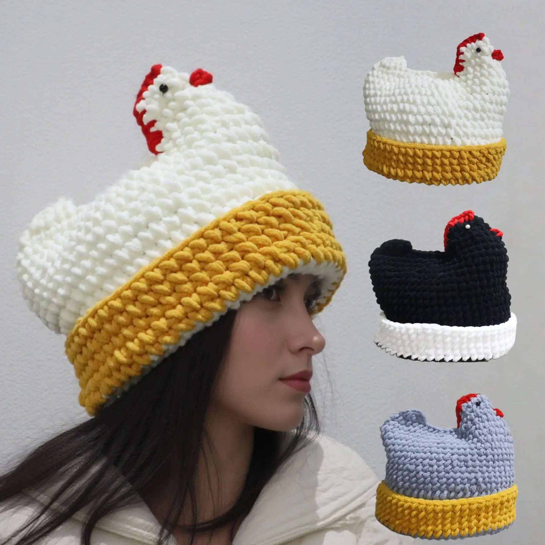Handmade Chunky Knit Chicken Hat with Red Comb, Funny Rooster Animal Beanie for Winter, Cute Farm Meme Cap, Viral Novelty Gift for Men & Women