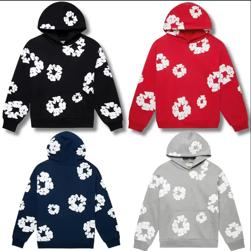 Y2K Denim Floral Graphic Hoodie | Vintage Streetwear Pullover Sweatshirt for Youth & Adults, Couple Style
