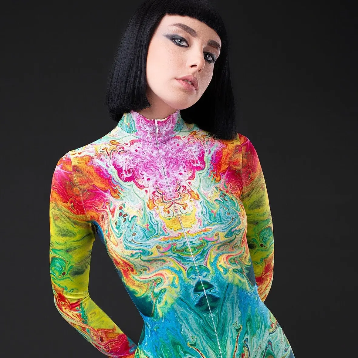 Rave Bodysuit For Women, Festival Costume Women, Rave Catsuit, Festival Clothing, Rave Clothing, Burning Man Clothing Women, Rave Bodysuit Womenswear Tops Long Sleeve Comfort Gamis Multicolor Print Crewneck Skinny Slim Venom Rival Cosplay Mask Costume