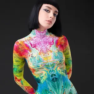Rave Bodysuit For Women, Festival Costume Women, Rave Catsuit, Festival Clothing, Rave Clothing, Burning Man Clothing Women, Rave Bodysuit Womenswear Tops Long Sleeve Comfort Gamis Multicolor Print Crewneck Skinny Slim Venom Rival Cosplay Mask Costume