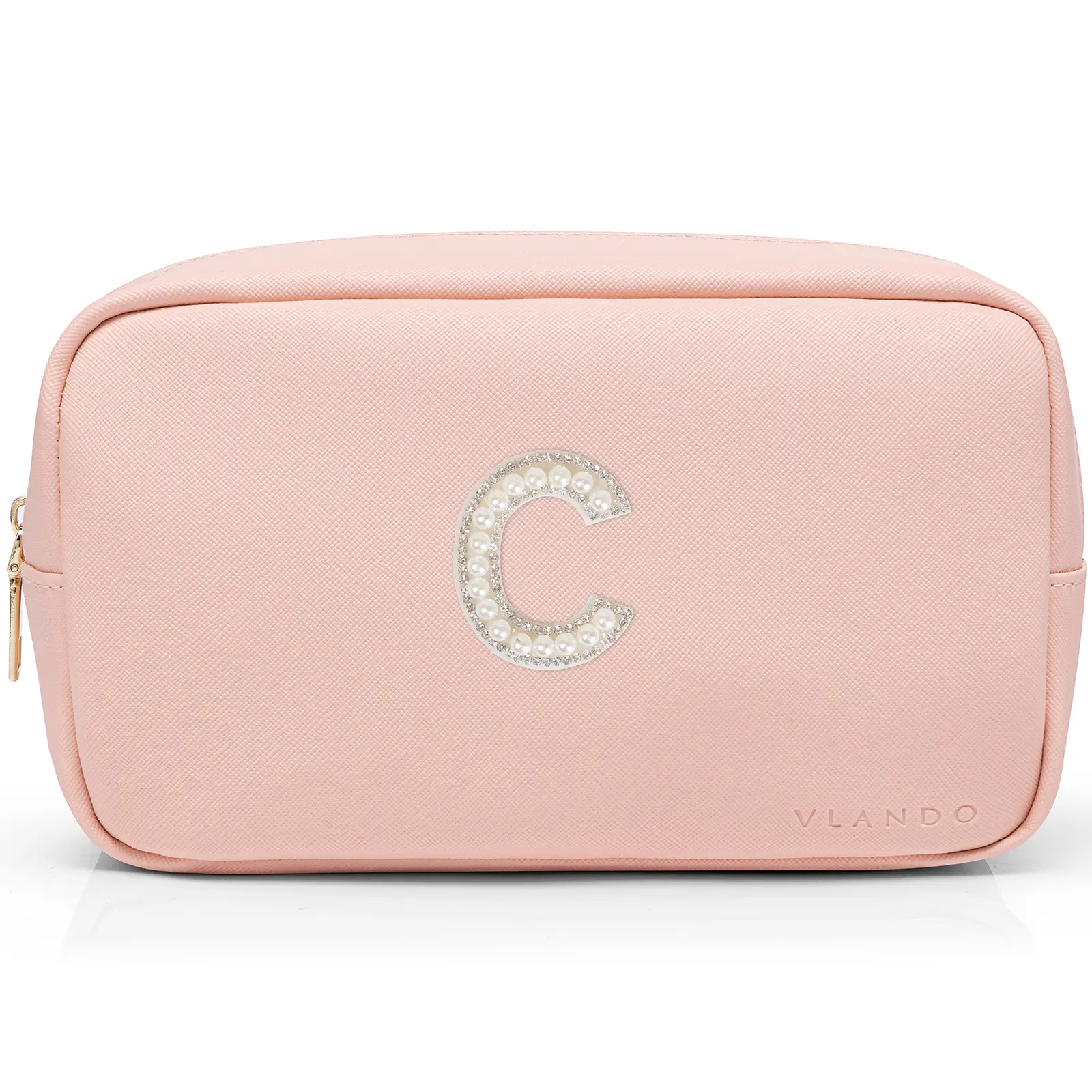 VLANDO Preppy Rectangle Pink Waterproof Dustproof PU Leather Vanity Makeup Organizer Pouch - Personalized Pearl Letters, Adjustable, Home Storage, Travel Essential for Teen Girls