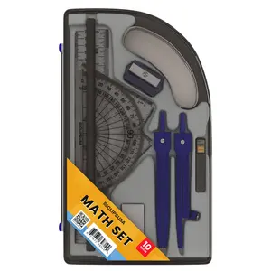 Geometry Math Set - Includes Protractor, Compass, Ruler, Writing Tools, With Case, 10 Pieces