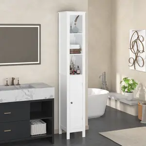 Narrow Cabinet, Storage Corner Floor Cabinet with Door, 11.81 x 11.81 x 66.93 Inches, Narrow Bathroom Storage Cabinet, Adjustable Shelves, for Bathroom, Living Room, Small Spaces, White