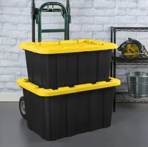 Large Storage Bin, 27 Gallon Durable Plastic Storage Tote with Snap-On Lid, Black and Yellow, 6 Pack