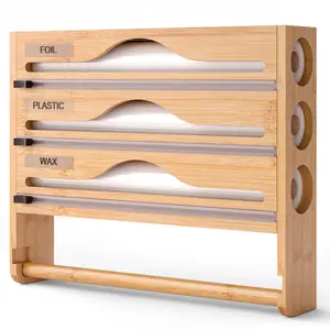 【FORMA GRAIN】3-in-1 Bamboo Wrap Organizer with Paper Towel Holder & Cutter - Wall Mounted Kitchen Storage for Aluminum Foil, Plastic Wrap, Parchment Paper - Multi-Slot Dispenser for 12" Rolls