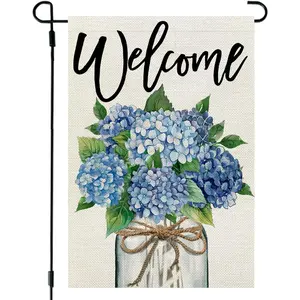 Spring Summer Garden Flag Hydrangea Mason Jar 12x18 Inch Double Sided Small Floral Seasonal Holiday Decoration for Outdoor Lawn Yard, No Flagpole Included, Linen Material
