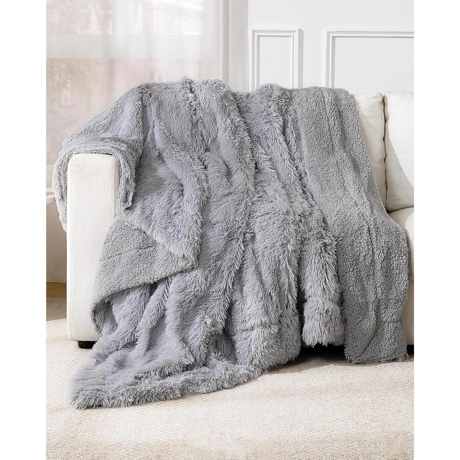 Soft Fluffy Fuzzy Faux Fur Sherpa Fleece Blanket Twin Size, Plush Thick Warm Blanket for Bed Couch, College Dorm Essentials Gifts for Girls Boys, Room Deco