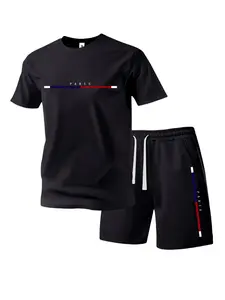 Men’s summer regular-fit cotton short-sleeve T-shirt and shorts set featuring a Paris letter print; fashionable casual wear for men with pockets—sports elastic-waist drawstring pants; two-piece set suitable for running, golf, fishing, basketball, camping,