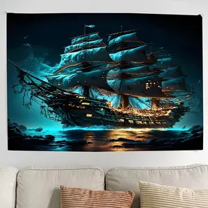 Pirate Ship Ocean Landscape Rug, Nautical Theme Polyester Fabric, Includes Accessories, Horizontal Design, Perfect Gift for Home Decor