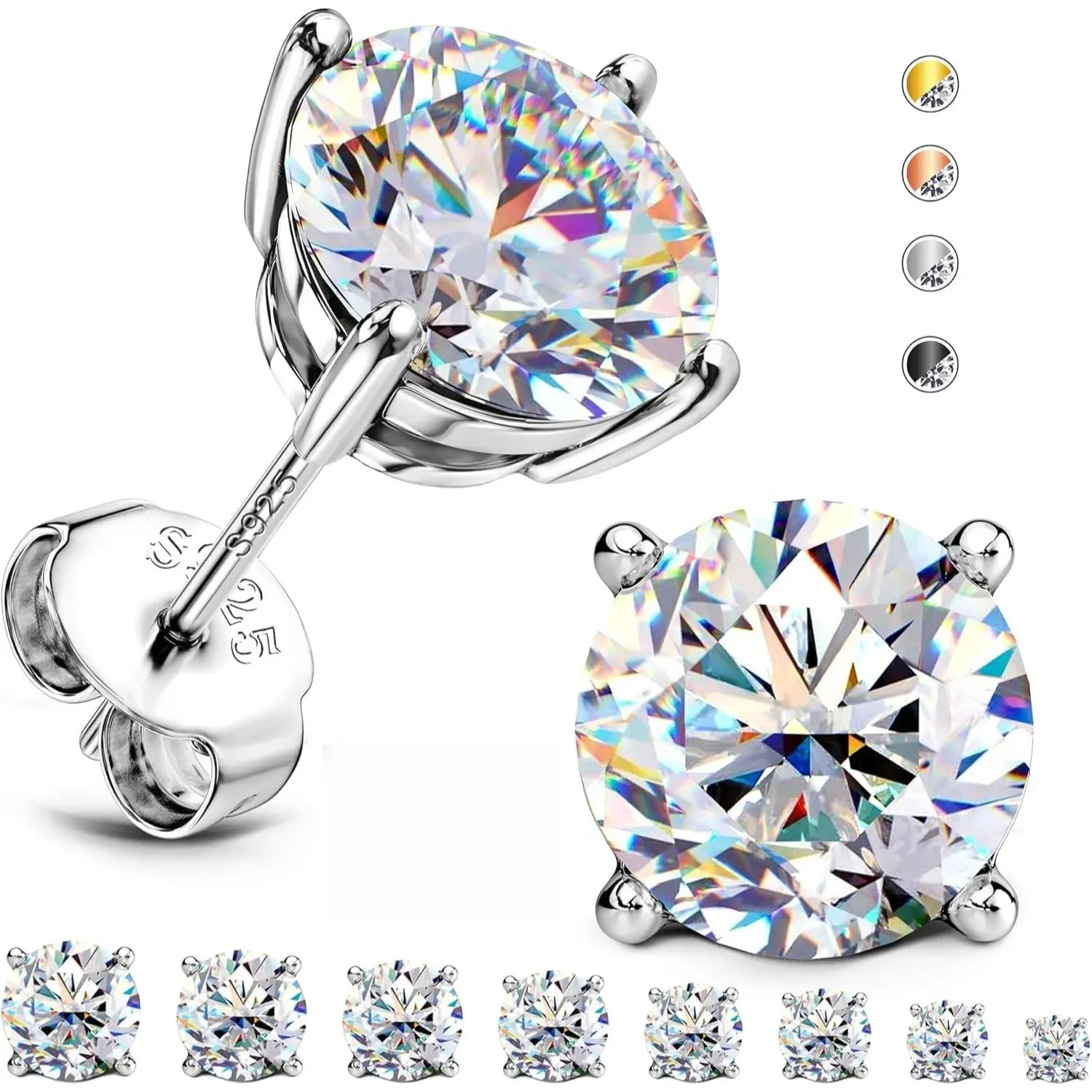 GEMQUEEN Moissanite Earrings Studs Solid 925 Sterling Silver Hypoallergenic | 18K White Gold Plated Moissanite Stud Earrings for Women Men Trendy, Brilliant Round Cut D Color VVS1 Clarity