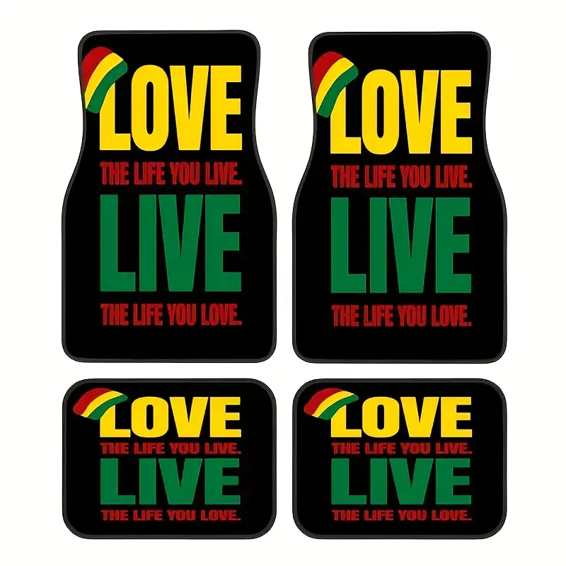 Set of 4, Featuring Rasta Reggae Music Style with Motivational Quotes, Universal Non-Slip Car Mats, Easy-To-Clean Polyester Mats - Suitable for All Weather, Perfect for Cars, Trucks, Suvs - an Ideal Gift, Car Floor Mats All Weather