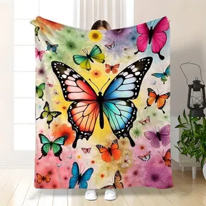 Soft, warm, durable, colorful butterfly and floral pattern flannel throw blanket - suitable for beds, sofas, travel - colorful modern style comfortable bedspread