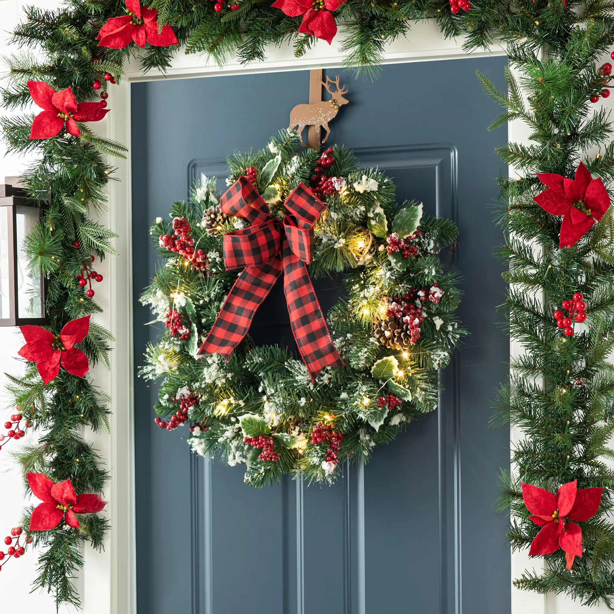 【Christmas in July】 Glitzhome 24"D Snow Berry Twig Ball Pinecone Holly Pine Wreath With Lights and Timer