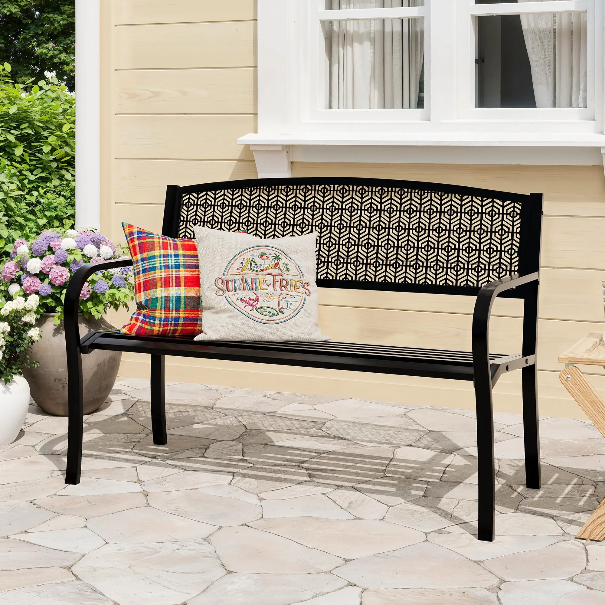 50 in Weather-Resistant Outdoor Geometric Metal Garden Bench - Sturdy Benches with Steel Frame, Decorative Mesh, Curved Backrest for Yard, Deck - Comfortable Seating, Supportive Arms