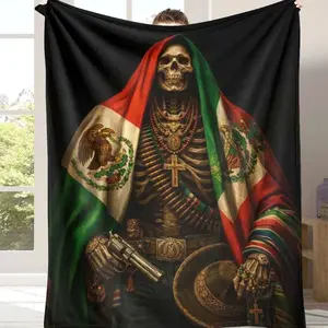 Mexican Skeleton Flannel Blanket with Flag and Revolver Design  Soft Warm Durable  Great for Home Decor  Couch Throw  Festival Celebration  Themed Party  Unique Gift