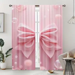 2pcs cute big pink bowknot Pattern Printed Curtains, semi-transparent polyester material, fade-resistant. Machine washable, rod pocket hanging, suitable for bedrooms and living rooms, home decoration, Window Curtain