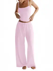 Women's 2-Piece Set Tank Top & Drawstring Wide Leg Pants, Casual Homewear, Soft Comfortable Sleepwear, All Seasons