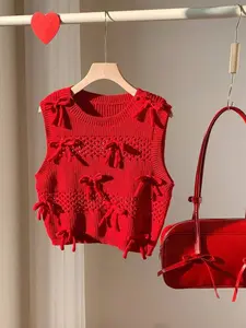 Women's New Year Spring Round Neck Sleeveless Knit Cardigan, Butterfly Knot Design, Valentine's Day Casual Elegant Sweater Vest