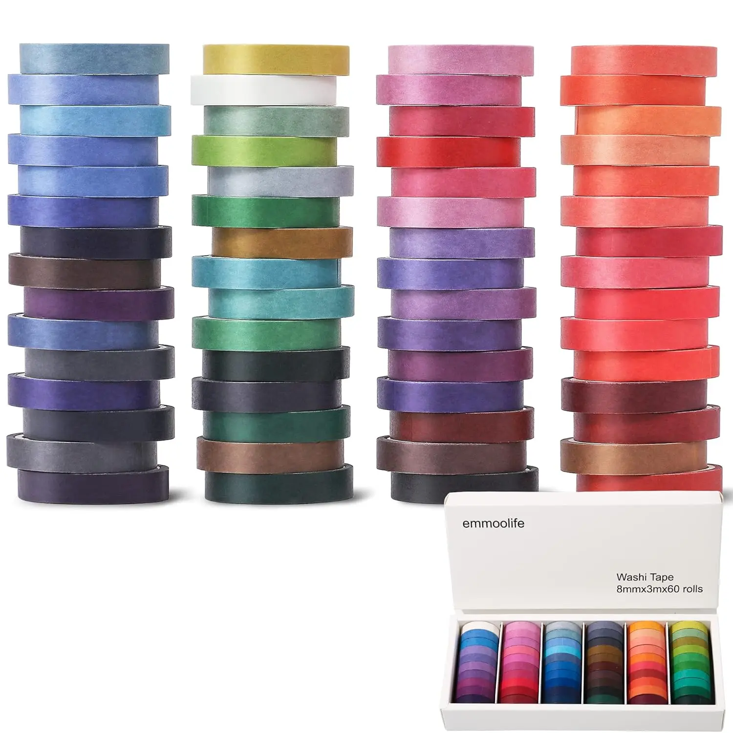 emmoolife Washi Arts & Crafts Scrapbooking Set - 60 Rolls, 8mm Wide, 10ft Long, Vibrant Solid Rainbow Colored Specialty Writable Decorative Junk Journal Tape for DIY Projects, Children Gifts