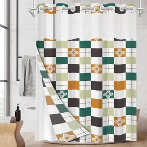1pc hookless shower curtain with buckle lining, green, brown and white geometric checkered patchwork design, 2D flat printing, waterproof fabric lining, see-through double-layer shower curtain, 71 x 74 inches, modern home draping curtain.