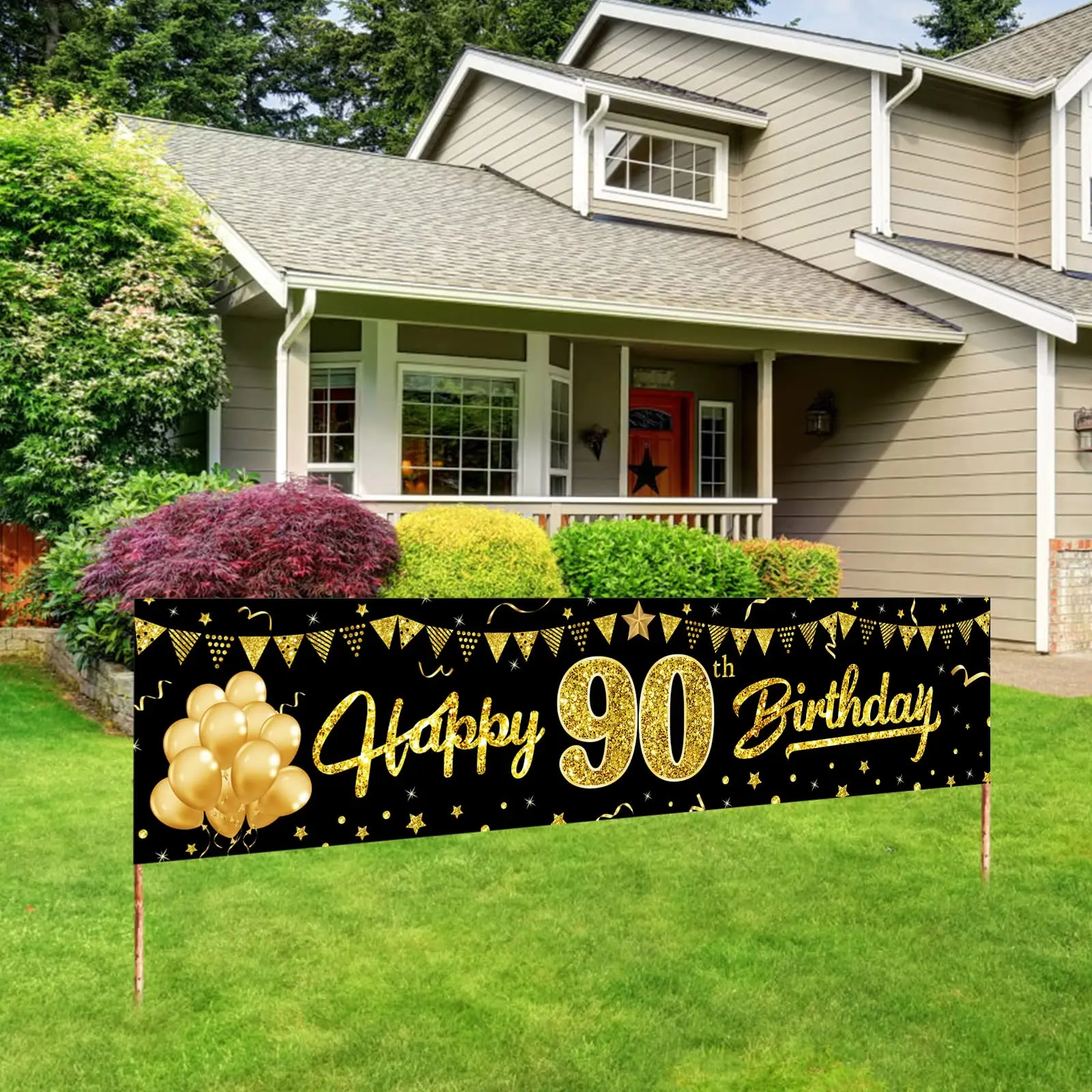 Happy 90th Birthday Banner - Black Gold Yard Decorations for Men Women, 90th Bday Party Supplies Indoor Outdoor