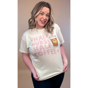 Tees2urdoor Women's Half Nurse Half Coffee Graphic T-Shirt - Cute Distressed Crew Neck 100% Cotton Fashion Top for Nurses