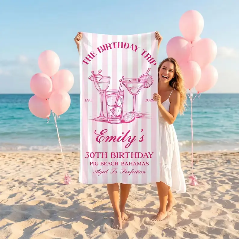 Personalized Prop-Print Birthday Beach Towel - Custom Name Travel Towel for Adults, Ideal Beach and Pool Gift, Photo