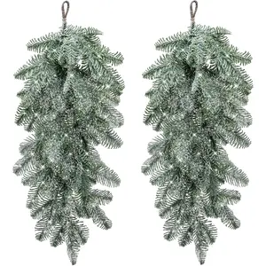2/4 Pcs Artificial Christmas Snow Teardrop Swag, 26.38" Faux Snow Flocked Norfolk Pine Teardrop Door Swag, White Frosted Real Touch Pine Wreath Staircase Swags for Xmas Door Mantle Fireplace Decor
