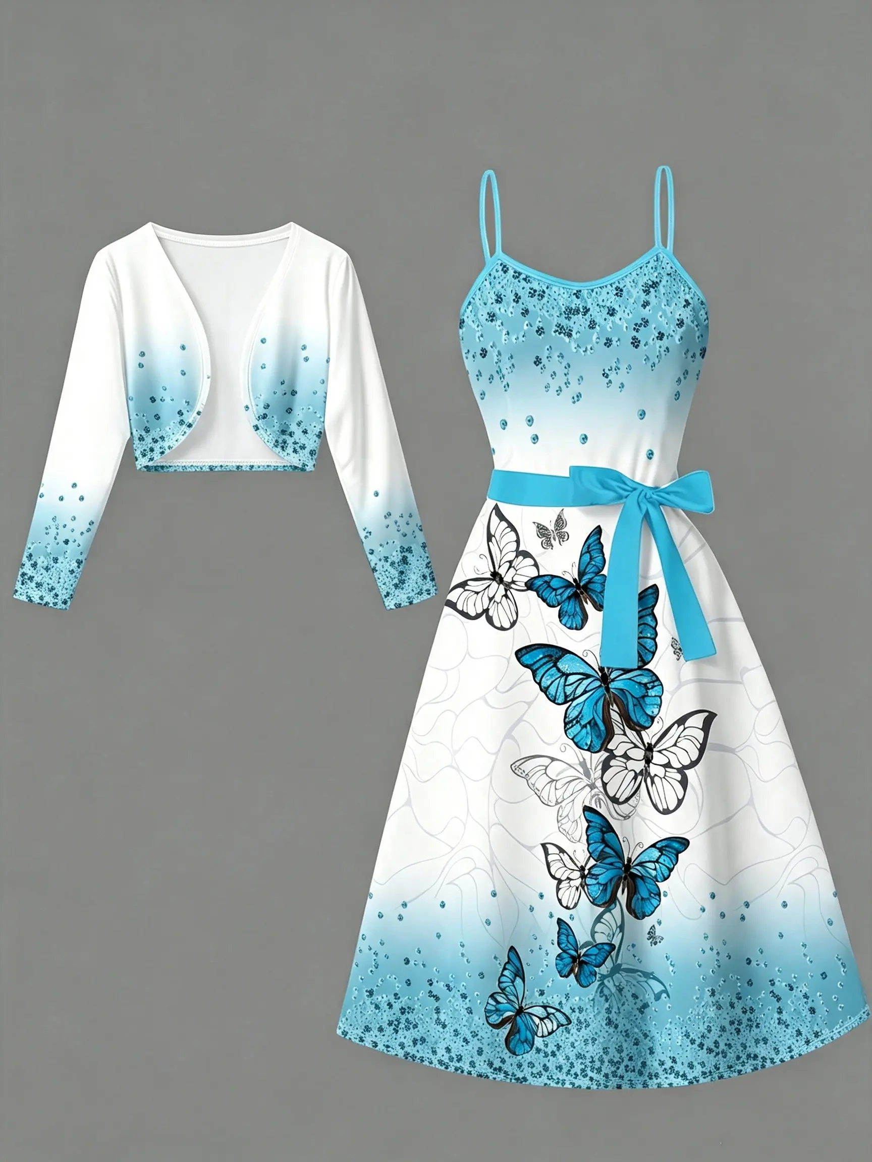 Women’s blue-and-white gradient short cardigan with rhinestones + butterfly print strappy maxi dress two-piece set — fresh, gentle outfit