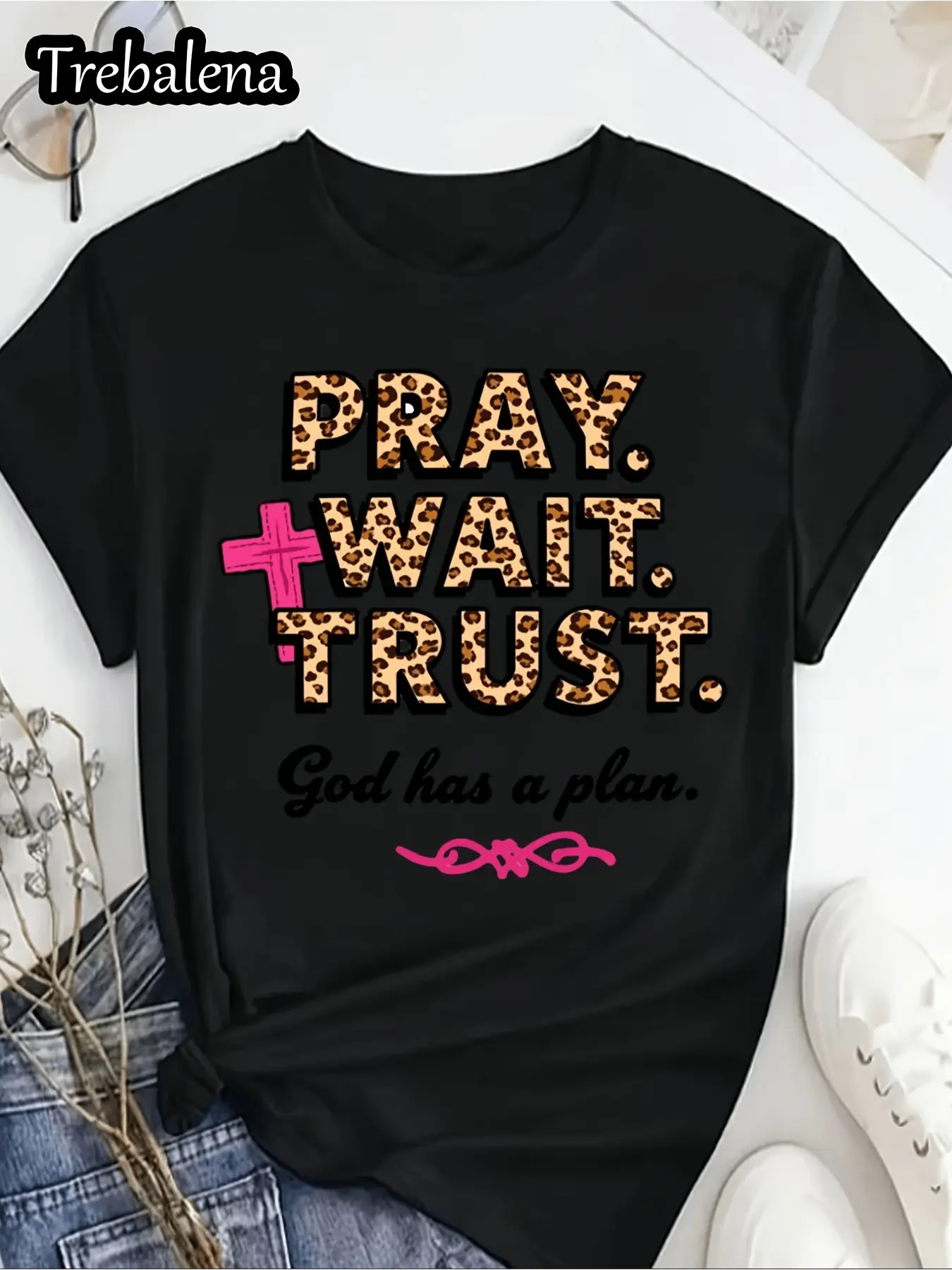 Ladies' Christian Patterned T-Shirt Featuring Prayers, Waiting, And Trusting in God's Plans, with a Leopard Print Design This Faith T-Shirt Has a Pink Bow Design And Is a Casual Short-Sleeve Rou Plus-size Summer Essentials, PLUS SIZE