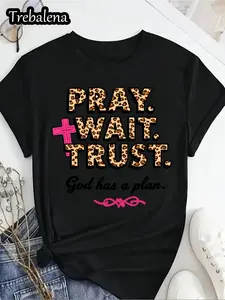 Ladies' Christian Patterned T-Shirt Featuring Prayers, Waiting, And Trusting in God's Plans, with a Leopard Print Design This Faith T-Shirt Has a Pink Bow Design And Is a Casual Short-Sleeve Rou Plus-size Summer Essentials, PLUS SIZE