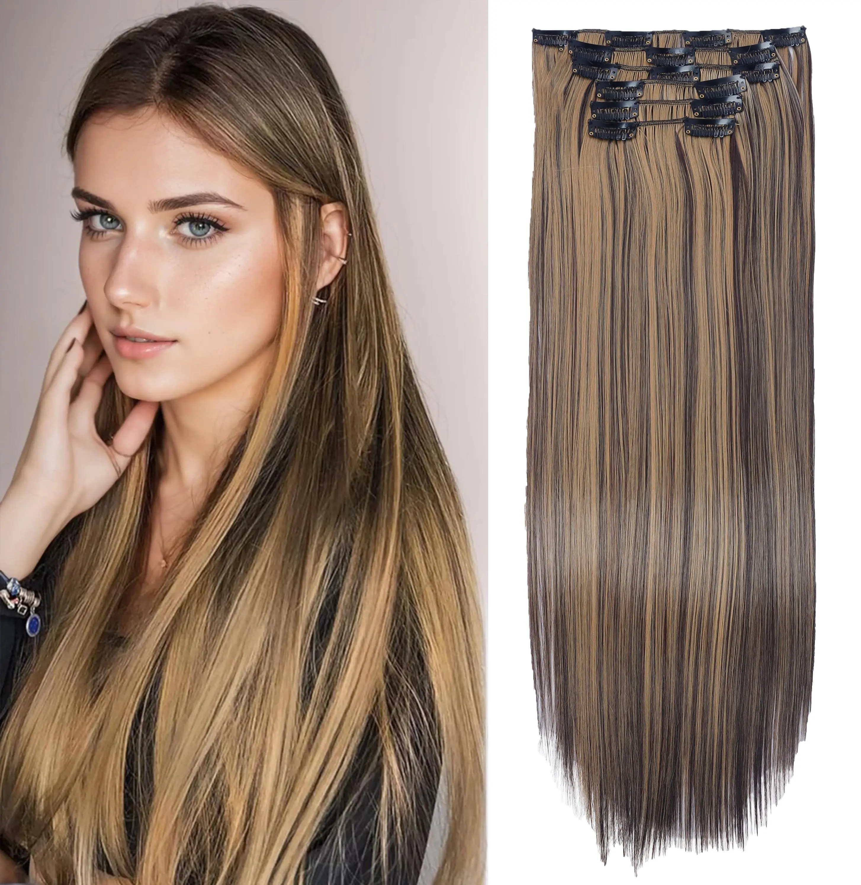 24 inch Natural Straight Clip In Hair Extensions Set Cool Brown with Blonde Highlights Long Clips on Hairpieces Synthetic Hair Extensions 6PCS for Women Girls Weddings Daily Party Use Full Head Cosplay busy lifestylef Hair Weave