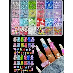 1 Box  Random Mixed ABS Simulation Gummy Bear Nail Charms Color Gradient Love Candy Bow Pearl Matching Nail Art Decorations Accessories DIY