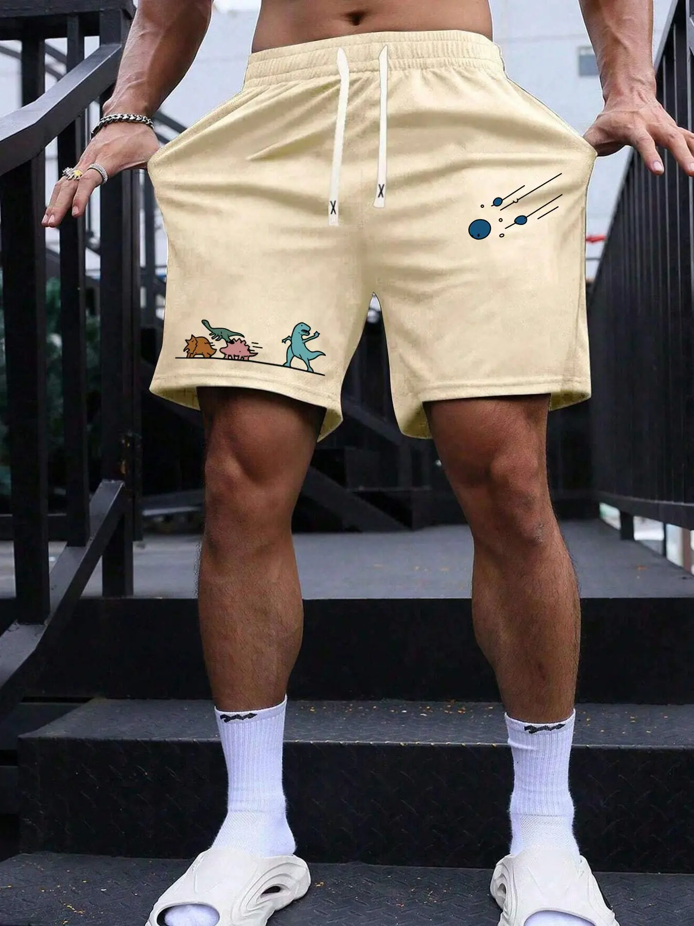 Men's Summer Dinosaur Pattern Print Drawstring Waist Breathable Shorts, Athletic Casual Shorts, Cartoon Graphic Shorts for Summer, Versatile Streetwear, Activewear, Sportswear, Breathable Workout Shorts