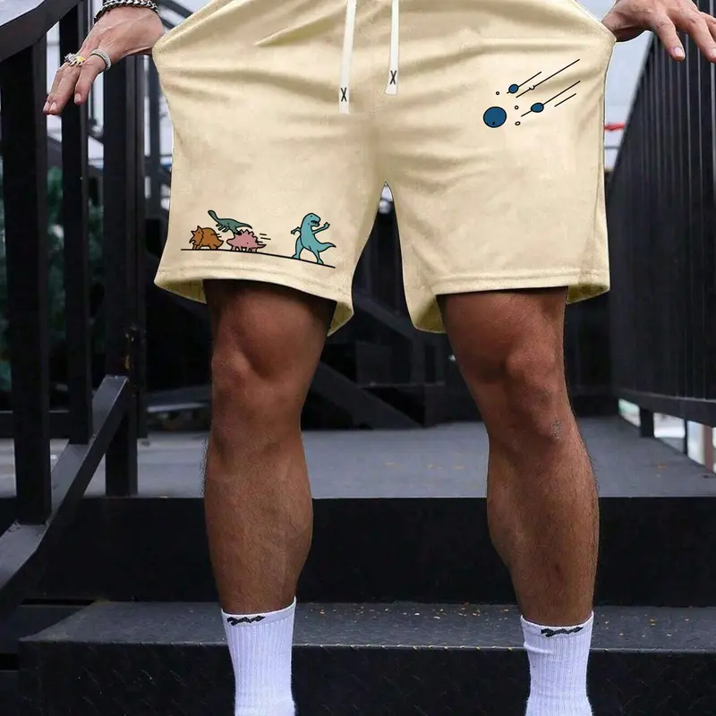 Men's Summer Dinosaur Pattern Print Drawstring Waist Breathable Shorts, Athletic Casual Shorts, Cartoon Graphic Shorts for Summer, Versatile Streetwear, Activewear, Sportswear, Breathable Workout Shorts