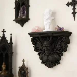 Vintage Gothic Devil Relief Wall Shelf, Ivory Wall Decor, Dark Theme Storage Rack, Handmade Candle Display, Rococo Carving Design, Vintage Home Decor