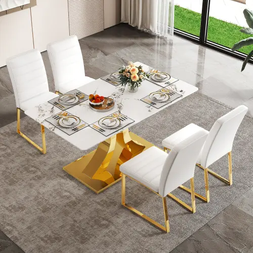 Golden + White + Glass + PU + Stainless Steel + Seats 4