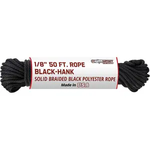 1/8" 50 ft Braided Polyester Utility Cord, Weather Resistant Indoor Outdoor for Gardening, DIY Projects, Securing Loads, Binding, Knot Tying, Tarp Use, 75 lb Capacity Black