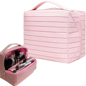 Foldable Travel Makeup Bag Waterproof Cosmetic Organizer Large Capacity Toiletry Case with Compartments for Skincare & Makeup
