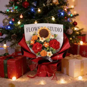 Handmade Crochet Flower Bouquet with Greeting Card and Gift Bag, Artificial Knitted Roses and Sunflowers, Perfect for Mother's Day, Weddings, Anniversaries