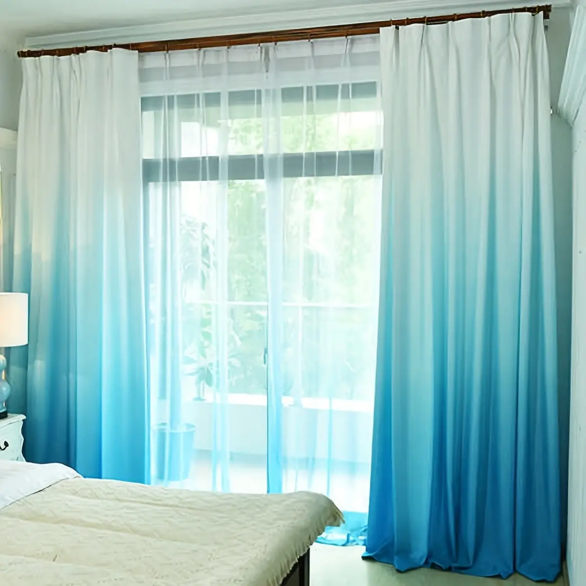 2Panels Blue Gradient Half-Opaque Curtains, Woven Rope Ring Installation, Modern Farmhouse Style, Home Decoration Curtain, Suitable for Living Room, Bedroom, Balcony, Study, Window Curtain