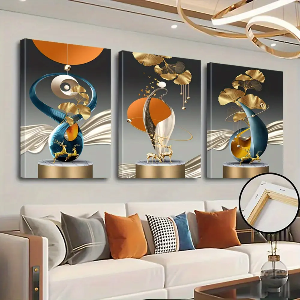 Eco-Friendly 3-Piece Framed Ginkgo Leaf Art Prints - Gold & Silver Contemporary Abstract Canvas, Wood Frame, Side Arrangement, Decorative Wall Arts for Living Room, Office Gift