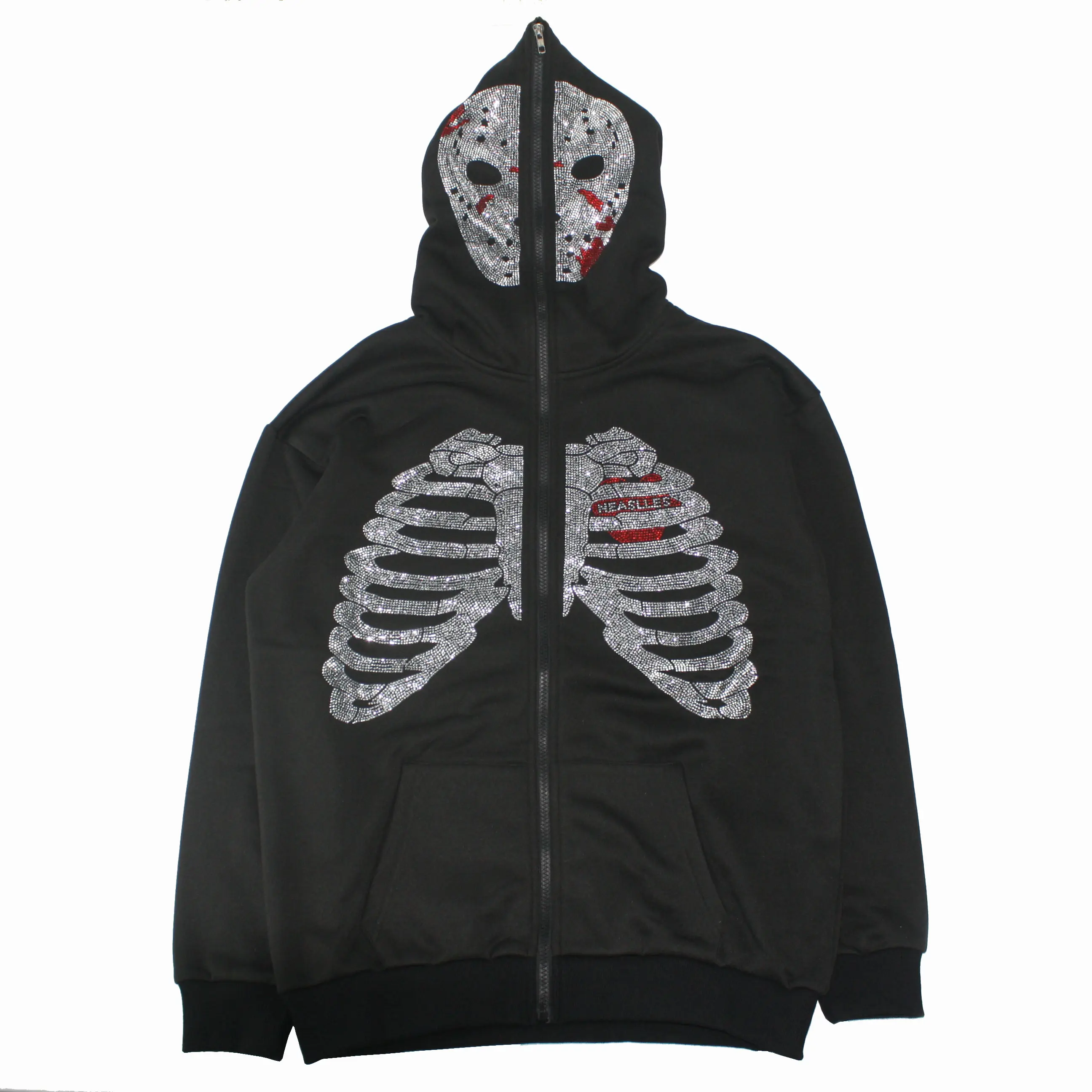 Rhinestone Embellished Full Zip up Skeleton Hoodie , Casual Long Sleeve Slash Pocket Jacket,Streetwear Goth Sweatshirt Sport Oversized Clothing gym exercise