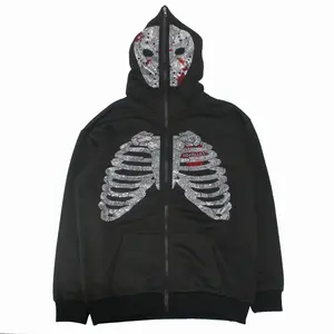 Rhinestone Embellished Full Zip up Skeleton Hoodie , Casual Long Sleeve Slash Pocket Jacket,Streetwear Goth Sweatshirt Sport Oversized Clothing gym exercise