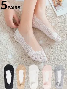 5 Pairs Women's Short Socks, Boat Socks, Invisible Socks, Summer Thin Style, White, Lace Low-Cut, Boat-Shaped Sock Mouth, Silicone Anti-Slip