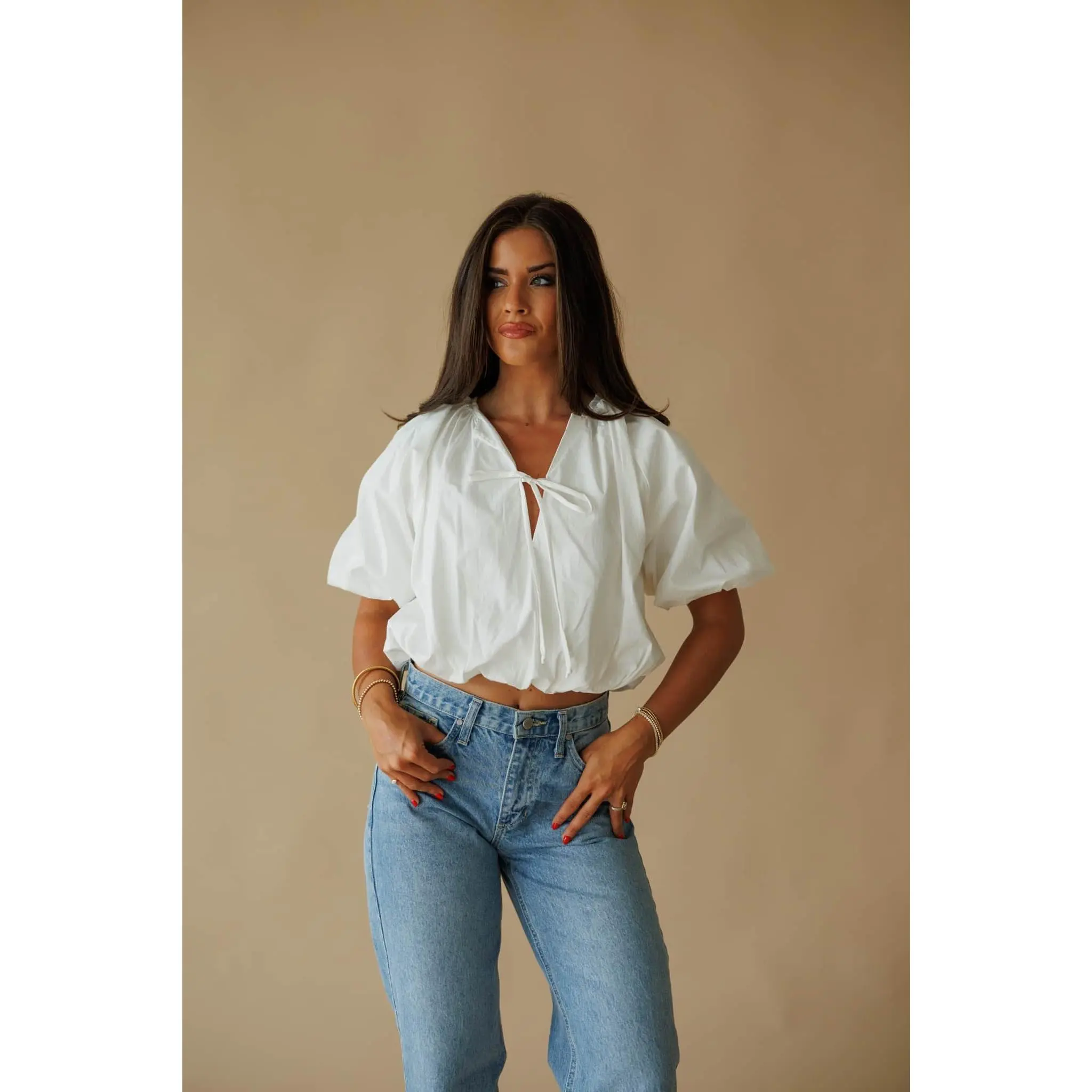 White Balloon Poplin Top