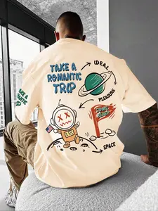 Men's Plus Size Cartoon Slogan Print Loose Casual Short T-Shirt, Comfortable and Stylish, Perfect for Daily Wear, Fashionable Men's Clothing