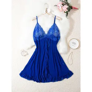 Plus Size Blue Lace Babydoll Lingerie for Women, Sheer Mesh Chemise Nightgown with Ruffle Trim, Spaghetti Strap V-Neck Sleepwear