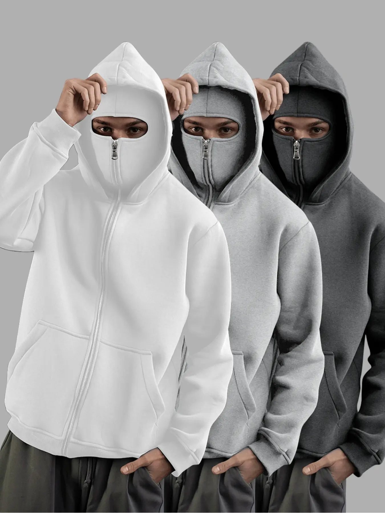 Men's Plus Size Hooded Sweatshirt Set, Casual Fitted Long Sleeve Pullover, Plain Fall & Winter Wear, Three-Piece