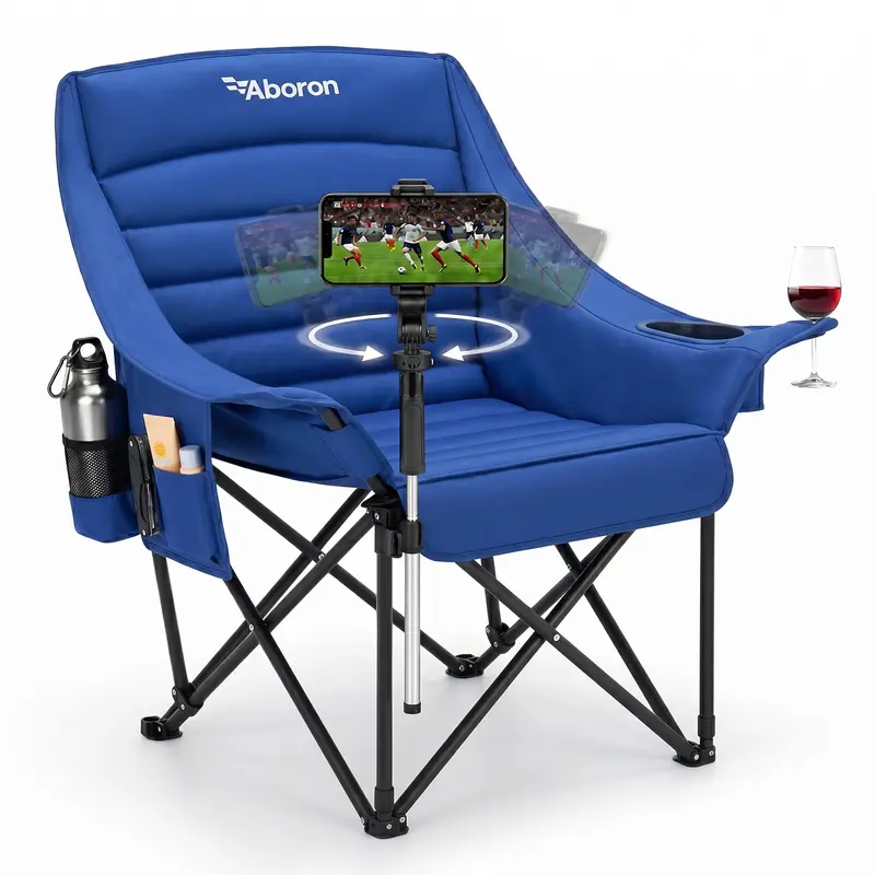 ABORON Oversize Fabric Folding Camping Chair - 500lb Capacity, 360° Phone Holder, 2 Cup Holders (Steady Hold), Side Pockets, Carry Bag, Full Lounging Support, Extra Thick, Light & Compact, Unisex for Family Adventures, Instant Outdoor Movie Night